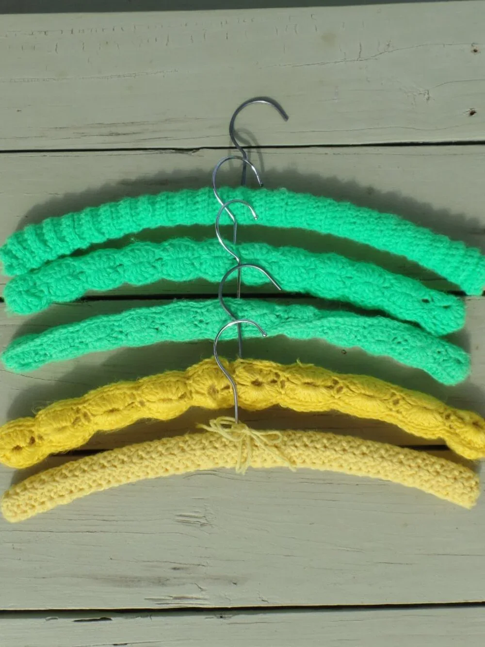 Vintage Hand Crocheted Hangers SET of 5 GREEN/YELLOW